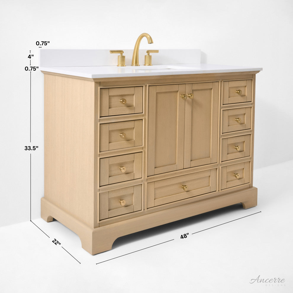Audrey Vanity Set, Oak, 48", Gold Hardware, White Quartz Top