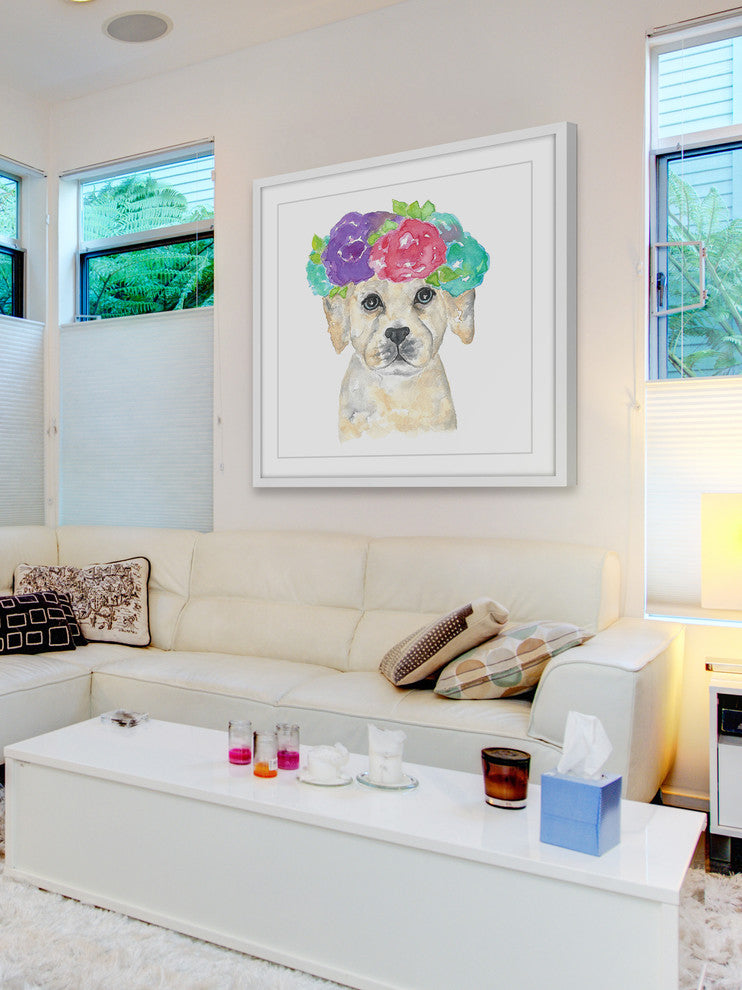 Marmont Hill, "Dog with Flower Crown" by Thimble Sparrow Framed Painting, 12x12