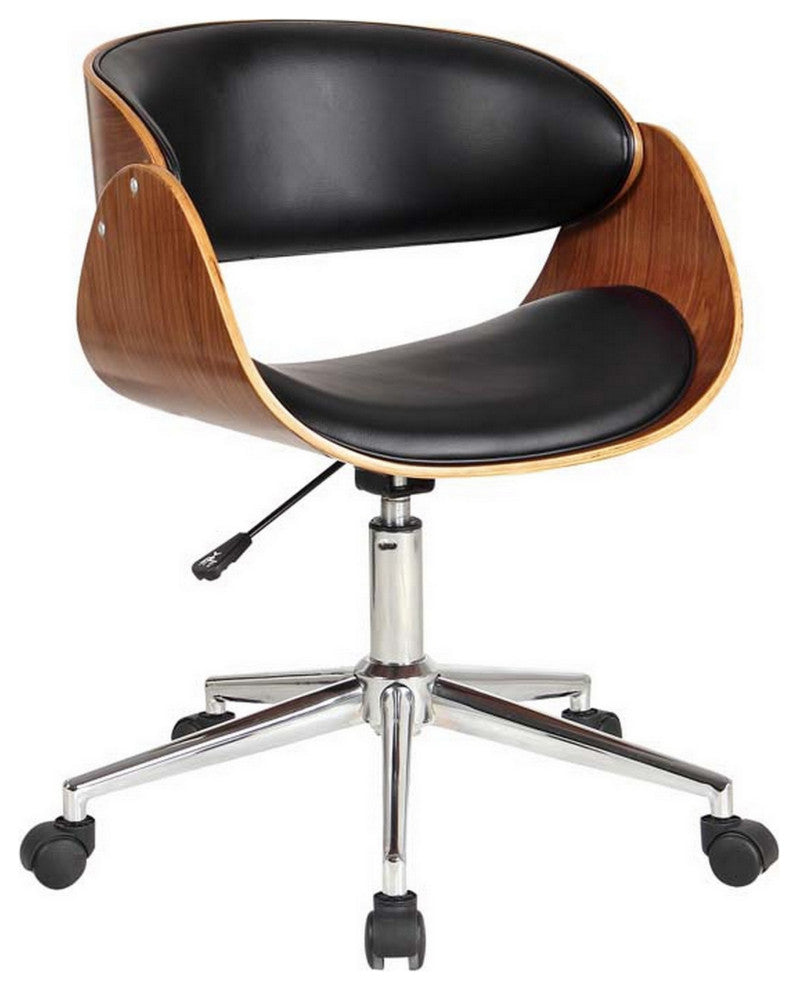 Benzara BM288151 Office Chair, 360 Swivel, Black Faux Leather and Brown Frame