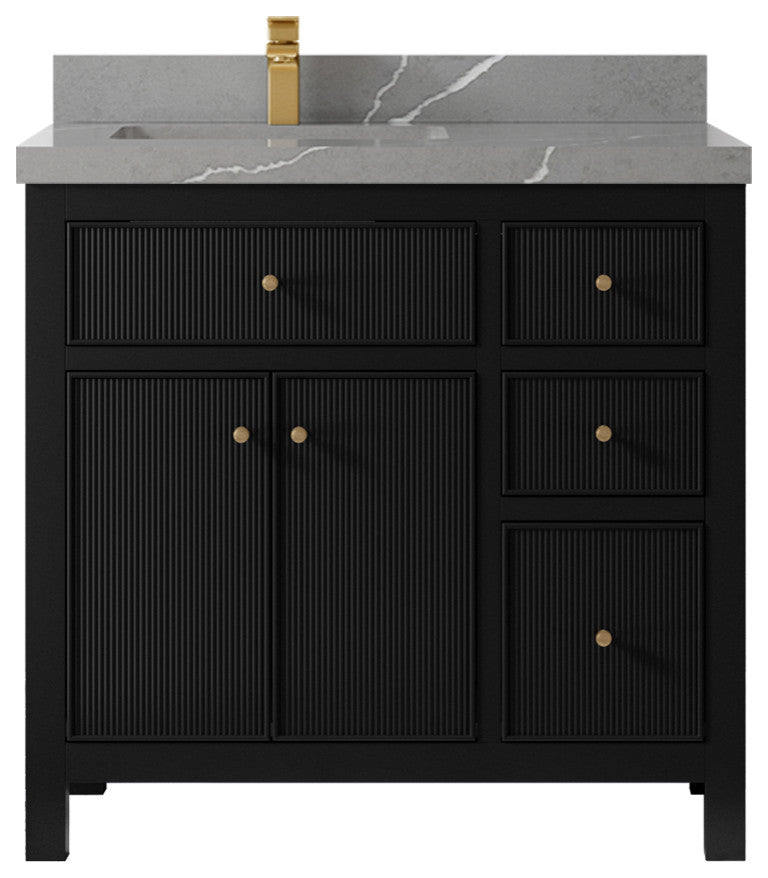 Sonoma 36 Left Offset Reeded Bath Vanity in Black 2" Piatra Gray