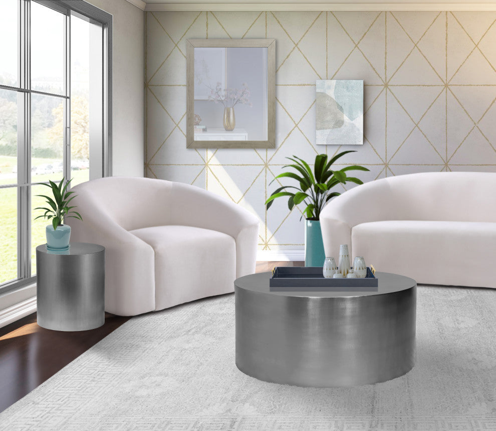 Cylinder Round Durable Metal Coffee Table, Brushed Chrome