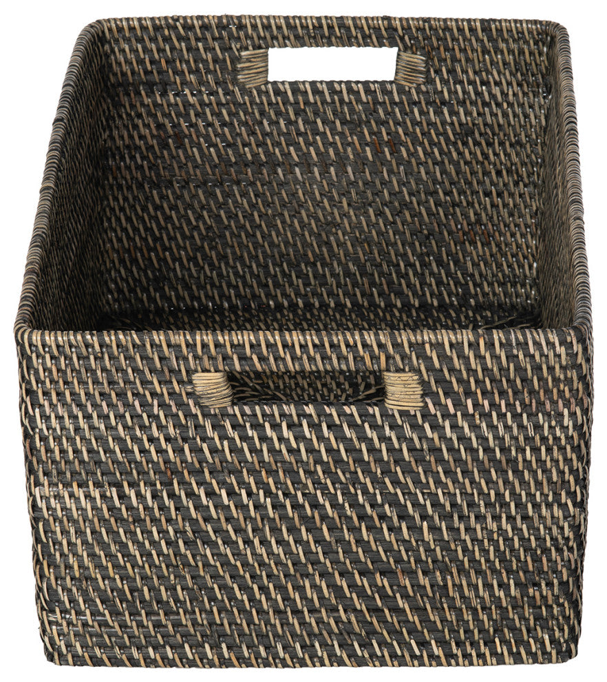 Loma Rectangular Decorative Rattan Storage Basket With Handles, Black Wash
