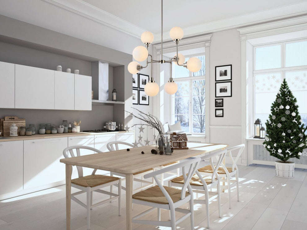 Helen 8-Light Pendant, Polished Nickel With Frosted Shade