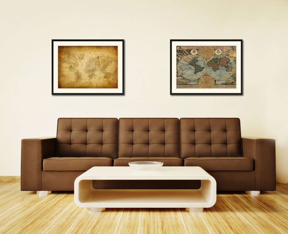 Ancient World Map Print On Canvas With Black Frame, 16" X 21"