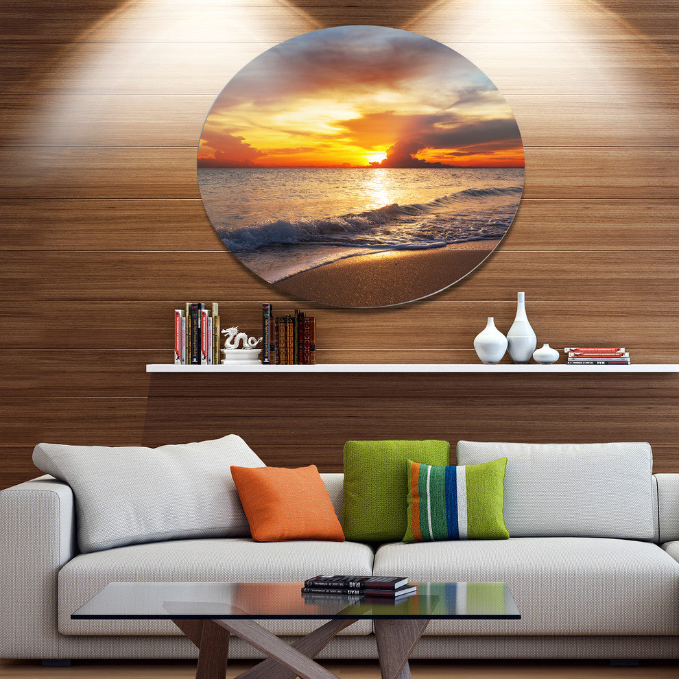 Yellow Sunset Through Dark Clouds, Seashore Disc Metal Artwork, 11"