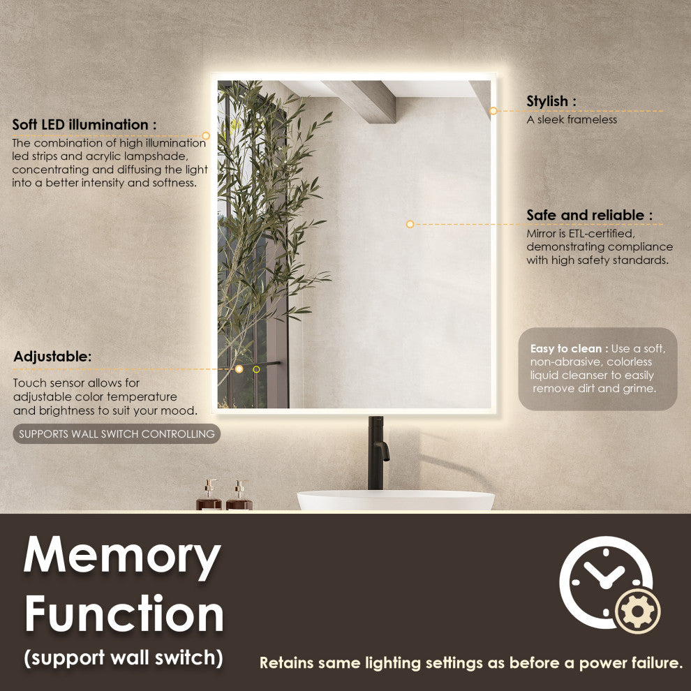 Aurora Framelesss Anti-Fog Dimmable LED Lighted Wall Mirror, No Frame, 36"