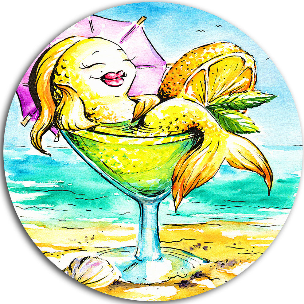 Gold Fish Enjoying Holidays On Beach, Cartoon Disc Metal Wall Art, 11"