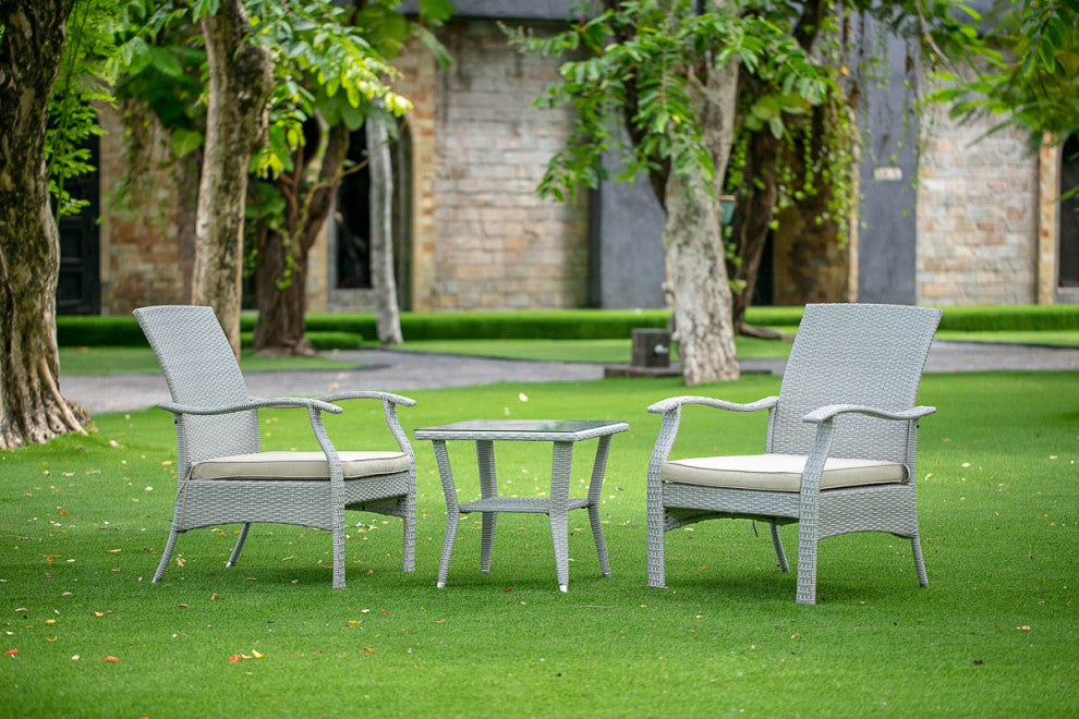 3Pc Outdoor- Natural Color Wicker Dining Set, Patio Tea Table, 2 Armchair