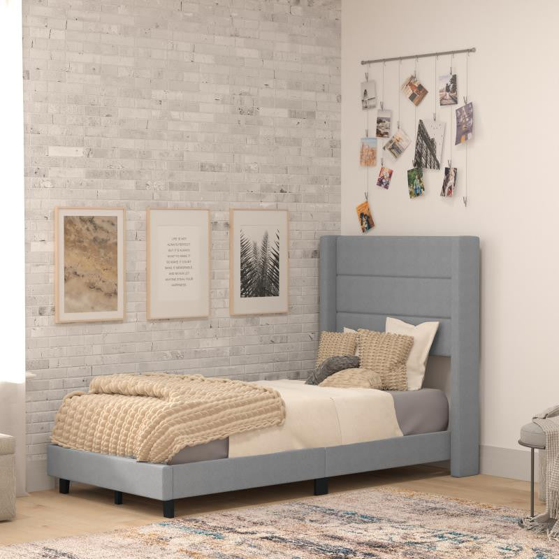 Hollis Upholstered Platform Bed with Wingback Headboard w/Mattress Foundation, Gray, Twin