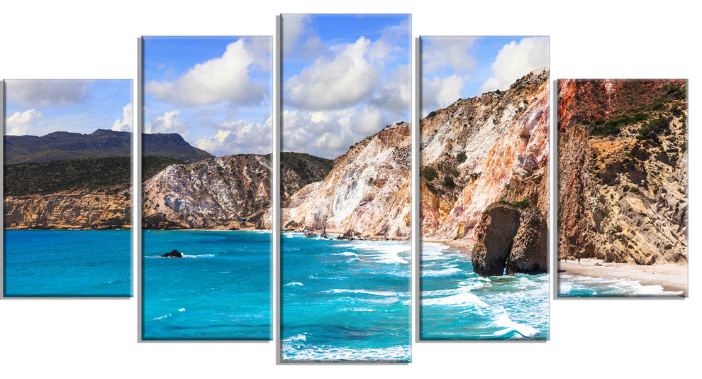 Greek Islands Scenic Beaches, Landscape Canvas Art Print, 60"x32", 5 Panels