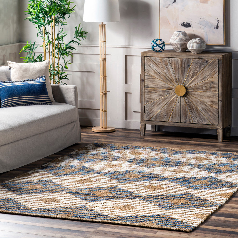 Nuloom Hand Braided Denim and Jute Striped Diamonds Area Rug, Off White 4'x6'