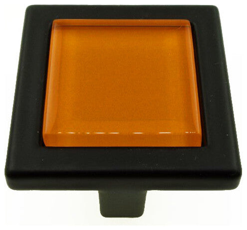 Persimmon Orange Crystal Glass Black Metal Square Manor Knob