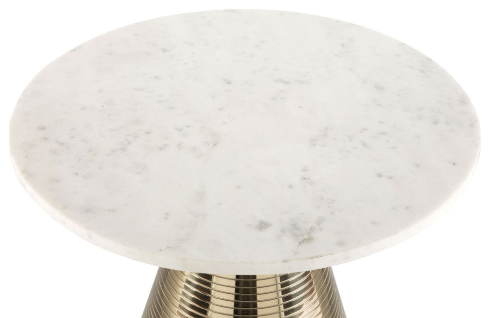 Sofa Side Table, Round, Artificial Marble, Aluminum Metal, White, Gold, Lounge