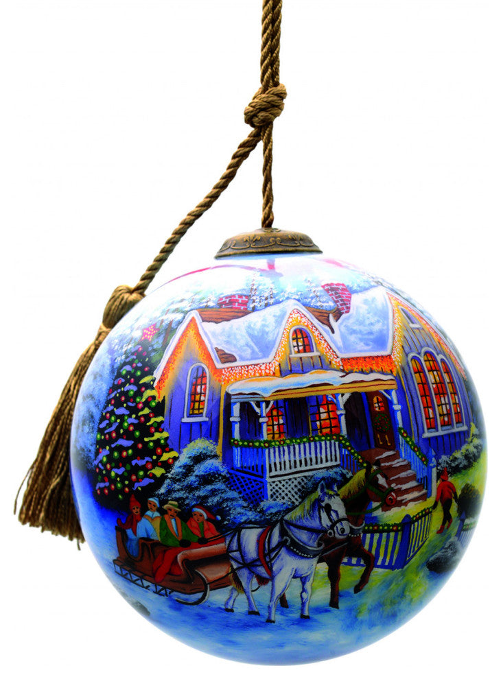 Christmas Home and Horse Carriage Hand Painted Mouth Blown Glass Ornament