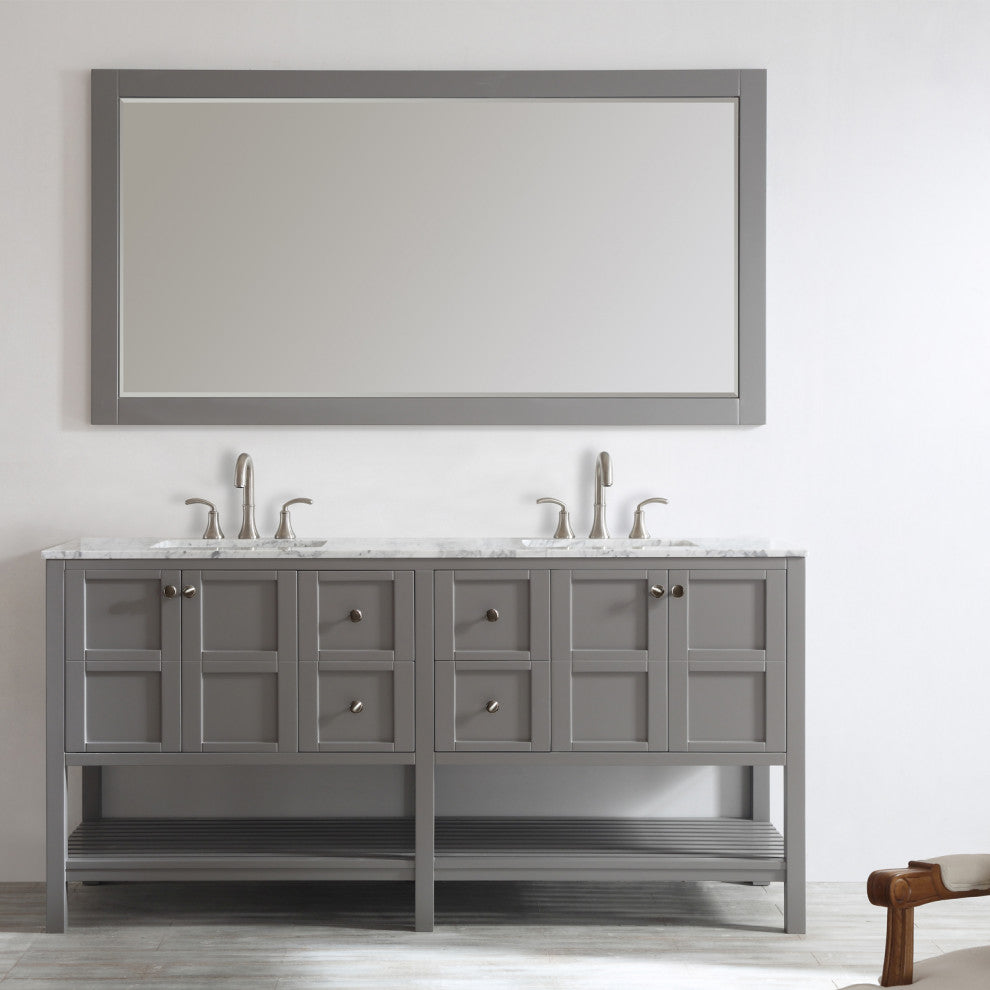 Florence 72" Double Vanity, Carrara White Marble Top, Gray, With Mirror