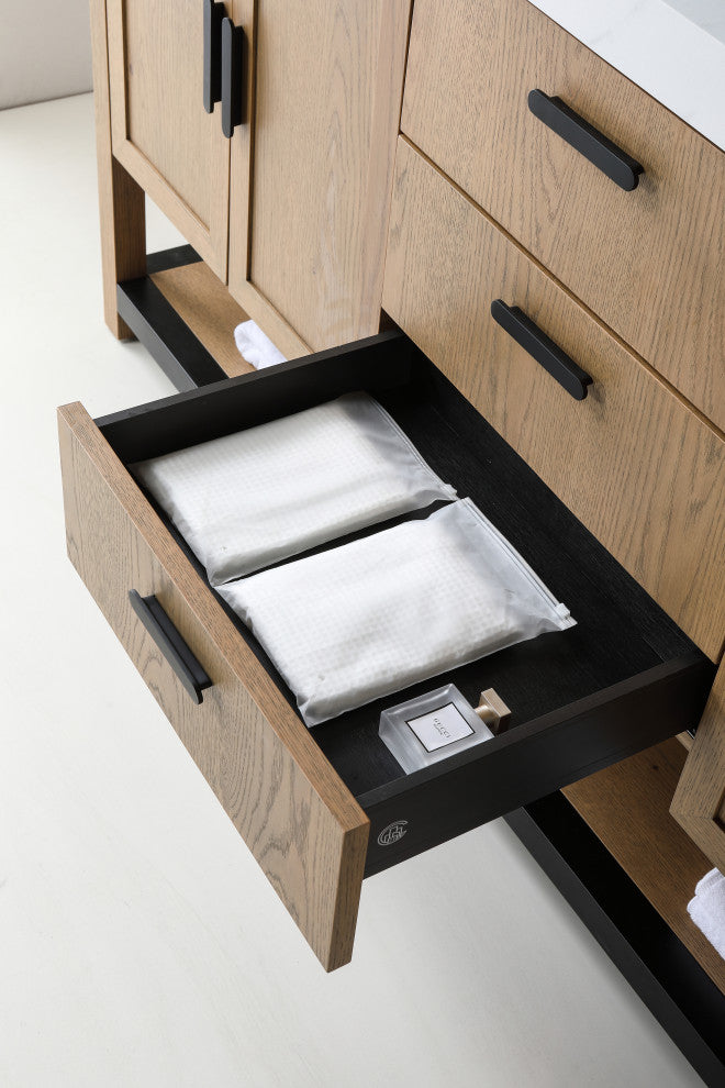 WINCHESTER Freestanding Modern Bathroom Vanity, Pecan Oak, 72", White Countertop