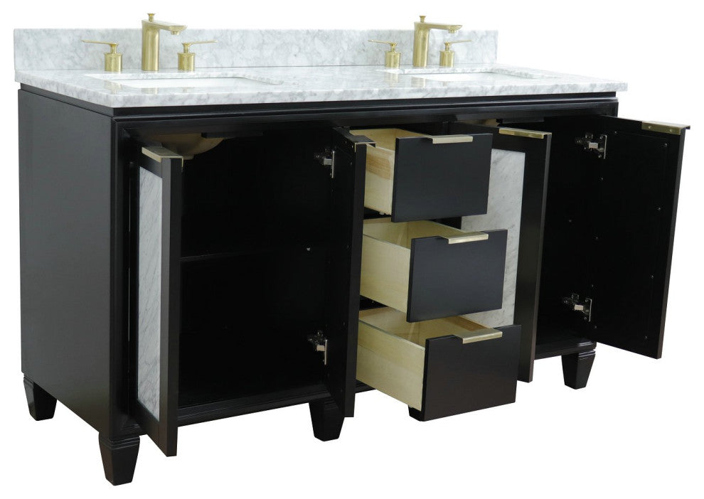 61" Double Sink Vanity, Black Finish With White Carrara Marble