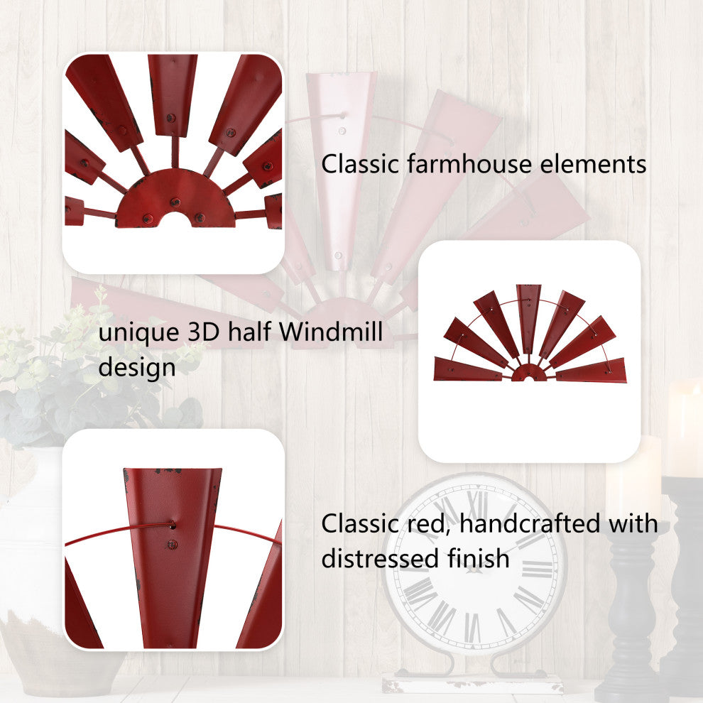 32"L Galvanized Farmhouse Half Wind Spinner Wall Decor, Red