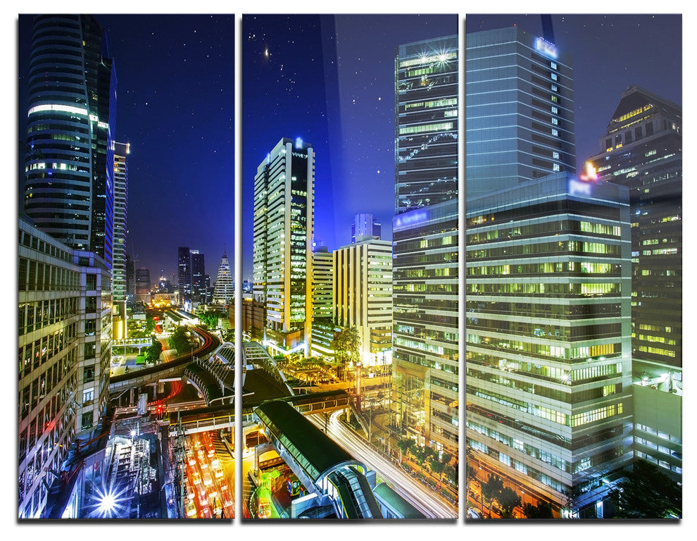 "Bangkok City Night View Cityscape" Photo Metal Wall Art, 3 Panels, 36"x28"