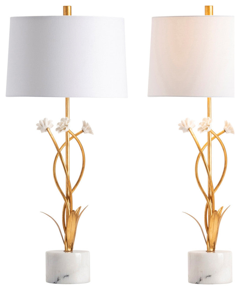 31.5"H Gold Metal Table Lamps With White Drum Shade, Set of 2