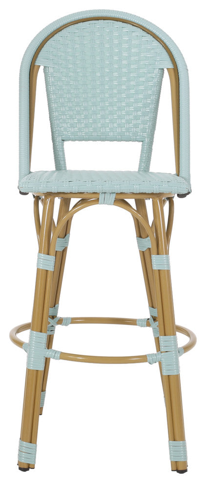 Cotterell Outdoor French Wicker and Aluminum 29.5" Barstools, Set of 4, Light Teal/Bamboo Finish