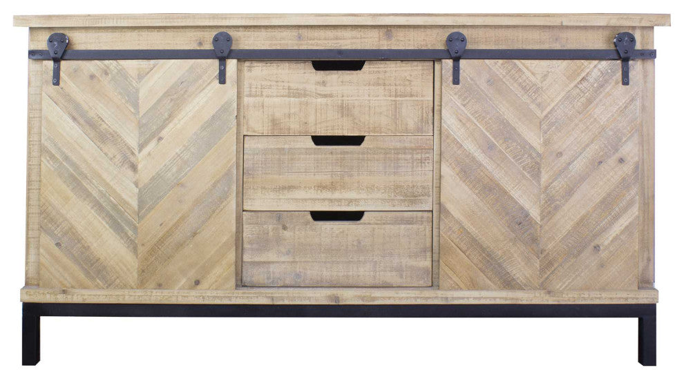 58" X 18" X 33" Natural Wood Iron Wood MDF Buffet Cabinet With Doors and Drawers