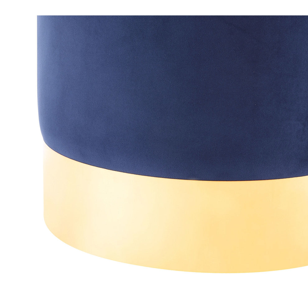 Madelyn Velvet Round Ottoman With Metal Base, Navy/Gold