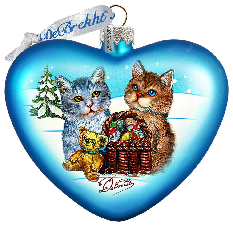 Hand Painted Kitty Cats Love Heart Glass Scenic Ornament