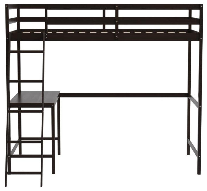 Riley Loft Bed Frame with Desk, Frame, Guard Rails & Ladder for Kids and Teens, Espresso, Twin