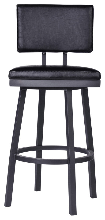 26" Vintage Black on Black Faux Leather Rectangular Swivel Armless Bar Stool