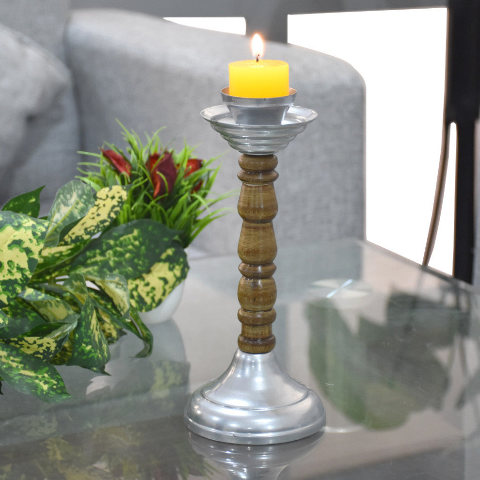 Handmade Iron and Wood Traditional Pillar Candle Holder, Silver