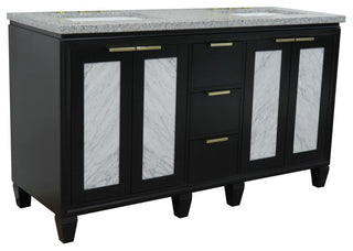 61" Double Sink Vanity, Black Finish With Gray Granite And Rectangle Sink