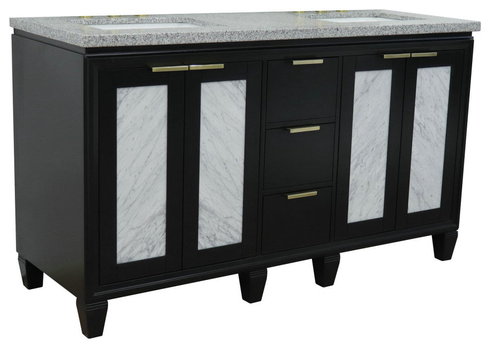 61" Double Sink Vanity, Black Finish With Gray Granite And Rectangle Sink