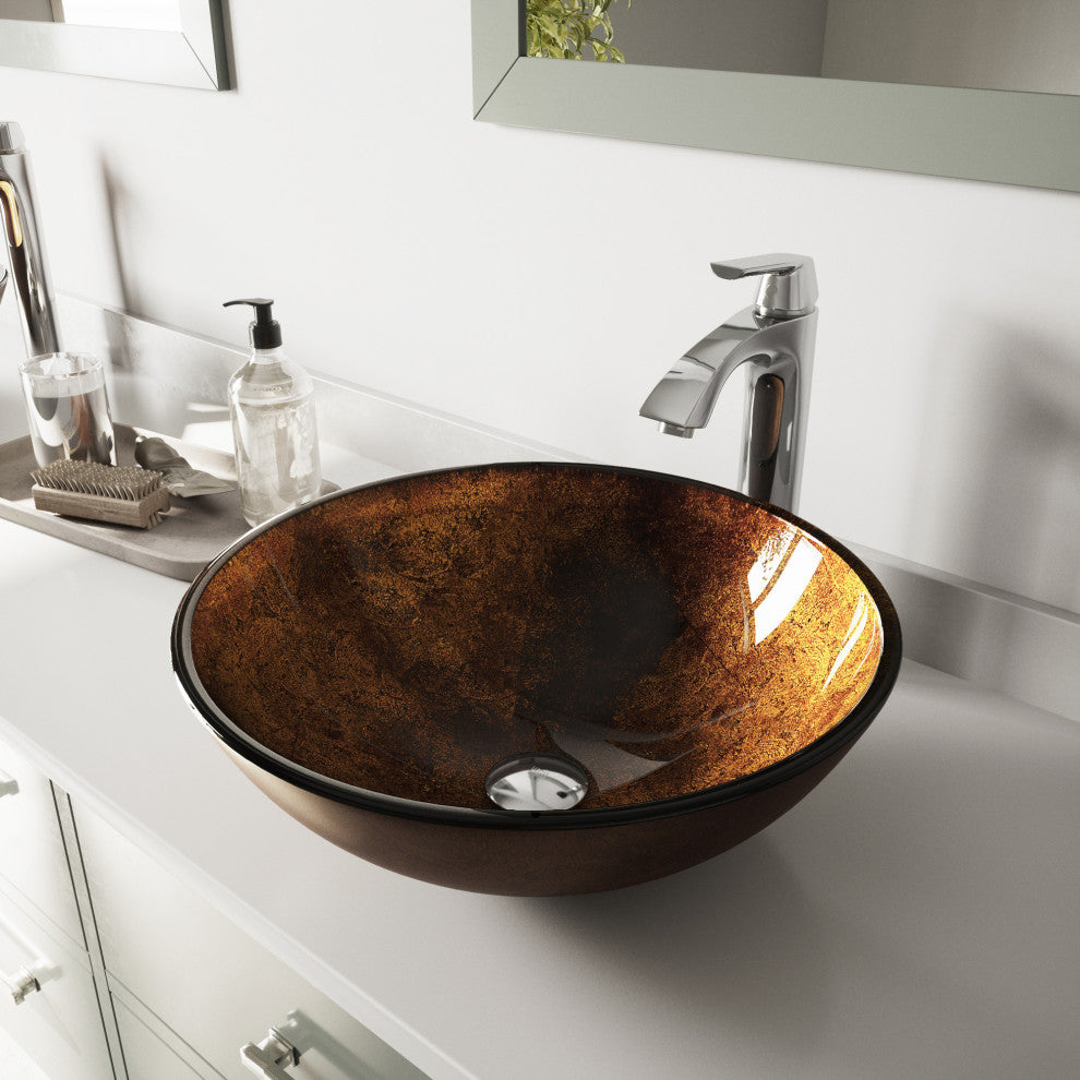 VIGO Brown and Gold Fusion Glass Vessel Sink and Faucet Set, Chrome