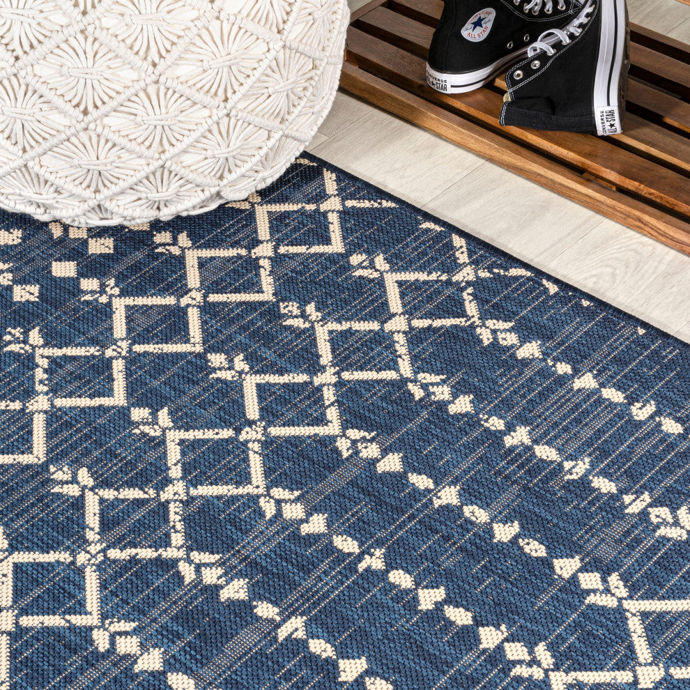 Ourika Moroccan Geometric Indoor/Outdoor Rug, Navy/Beige, 2x10
