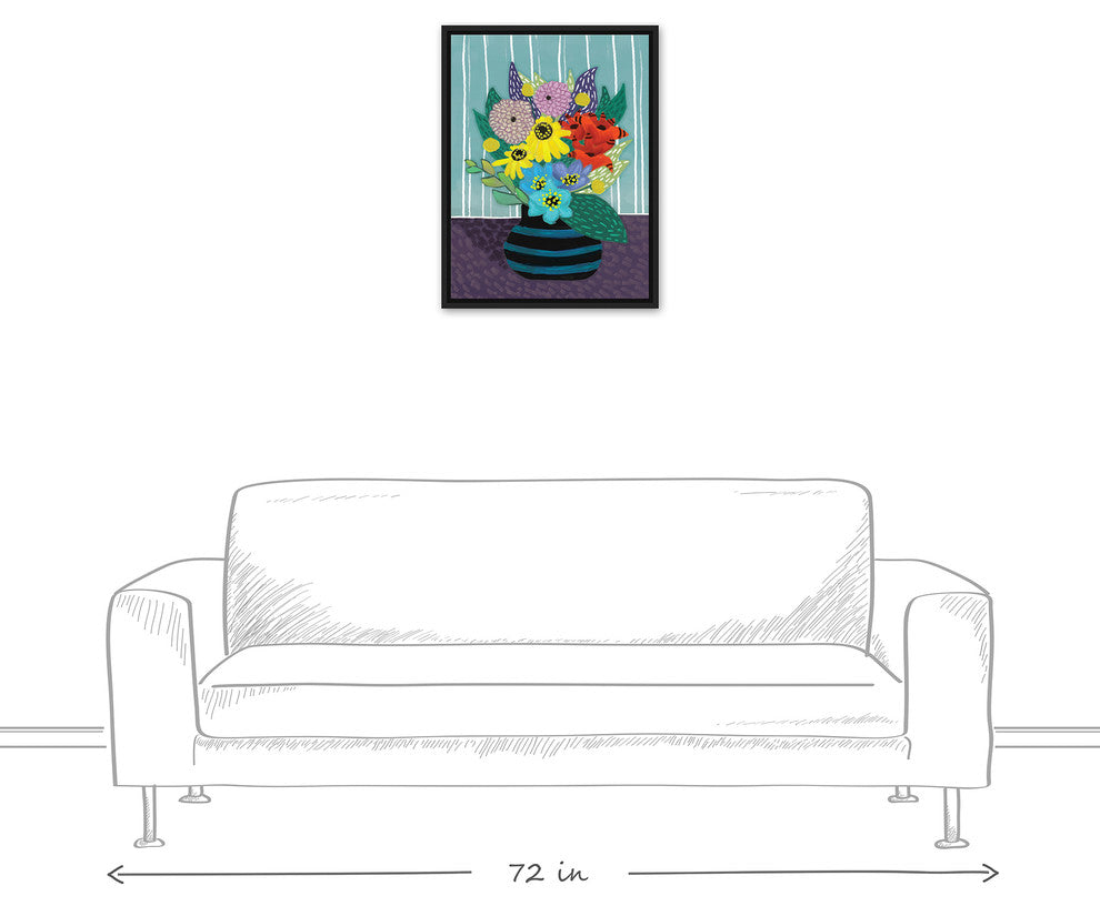 Colorful Flowers in Teal Striped Vase 18x24 Black Floating Framed Canvas