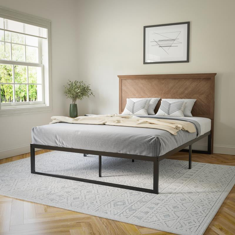 Fiona Herring Bone Wooden Adj. Headboard for Metal Bed Frames, Light Brown-Queen