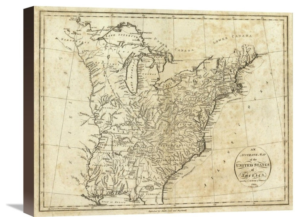 "Map of the United States of America, 1796" Canvas Giclee by John Reid, 22"x18"