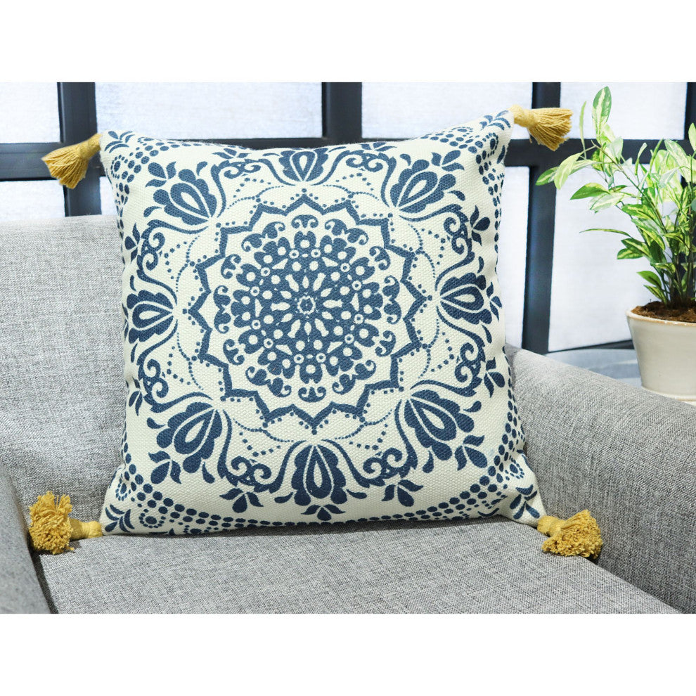 Blue & White Machine Woven with Tassels Budleigh Throw Pillow, 20" x 20"