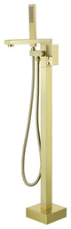 Wellfor Waterfall Floor Mounted Tub Faucet With Hand Held Shower, Brushed Gold