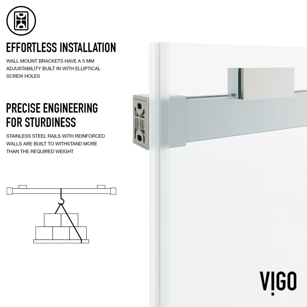 VIGO Houston Frameless Sliding, V-Motion, Stainless Steel, Tub Door, 56" to 60" W X 66" H, Clear Glass