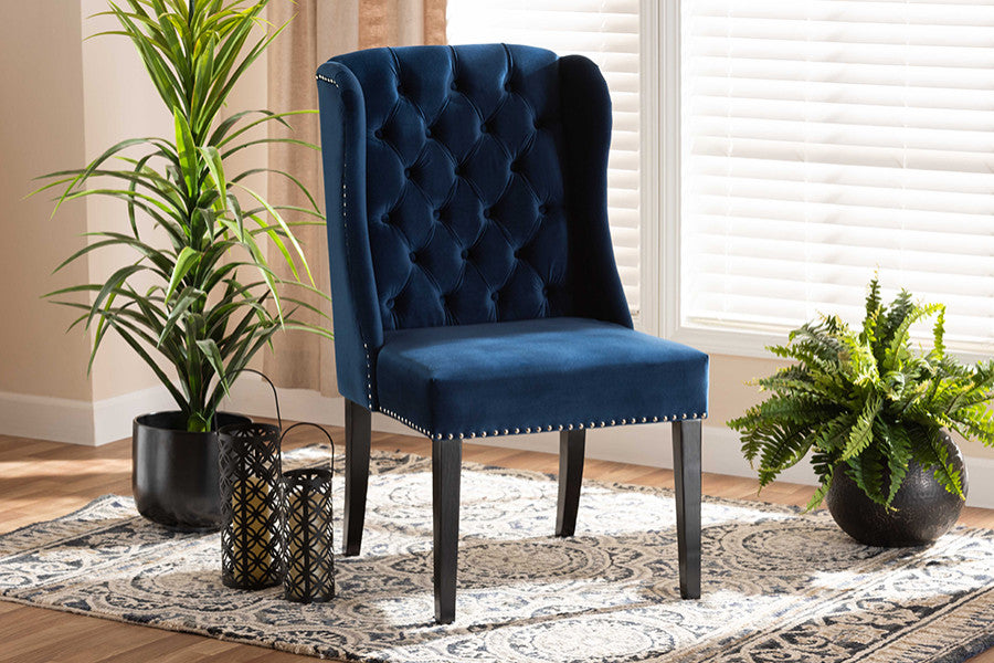 Cassondrah Contemporary Glam Velvet Wingback Dining Chair, Navy Blue/Dark Brown