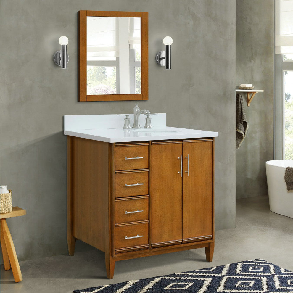 37" Single Vanity, Walnut Finish With White Engineered Stone Top