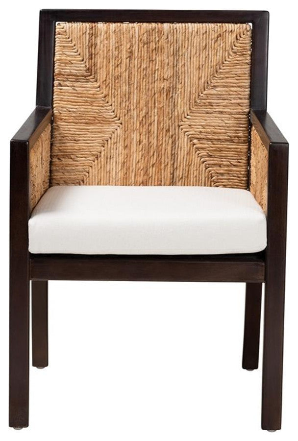 Joana Bohemian Dark Brown Mahogany Wood and Natural Abaca Dining Arm Chair