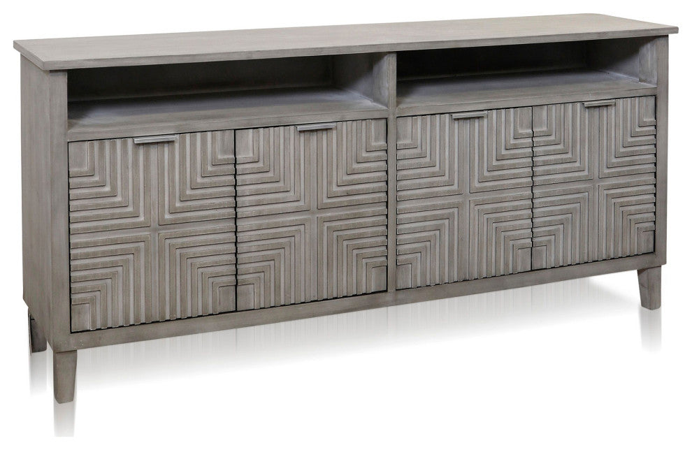 Quadrant Credenza Four Geometric Patterned Doors Brushed Gray Finish