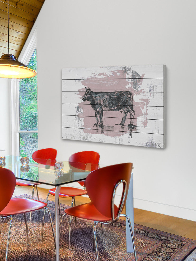 "Tranquil Cow" Painting Print on White Wood, 60"x40"