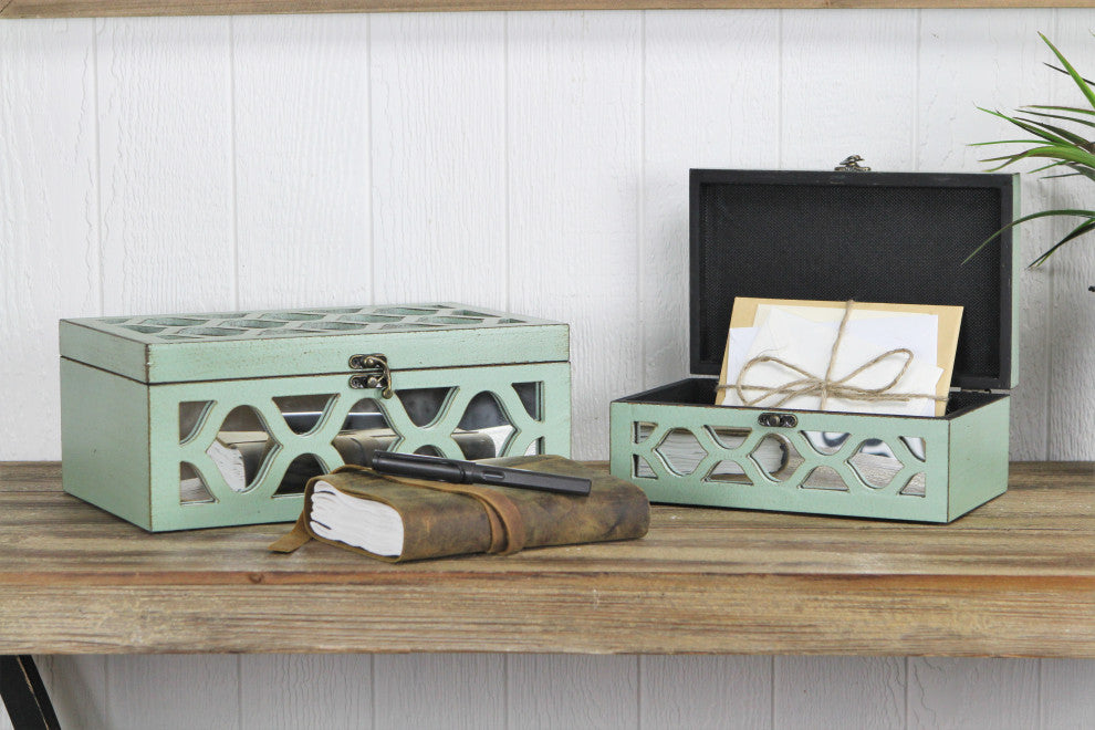 Moroccan Mirrored Wooden Boxes, Blue, Set of 2, Blue