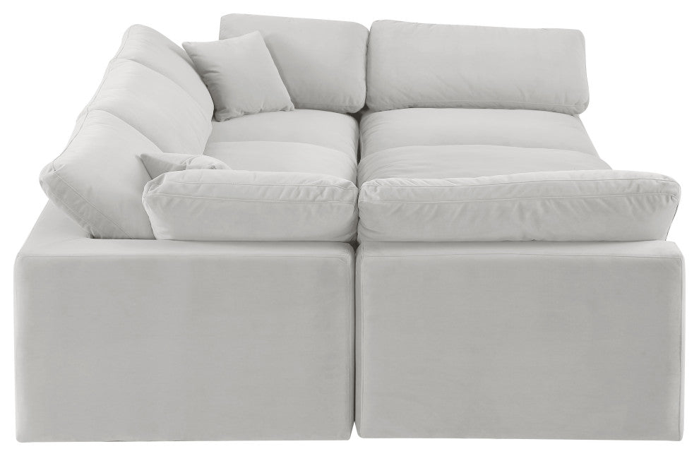 Comfy Upholstered U-Shaped Modular Sectional, Cream, 6-Piece: 3 Armless Chair, 2 Corner Chair, 1 Ottoman, Velvet