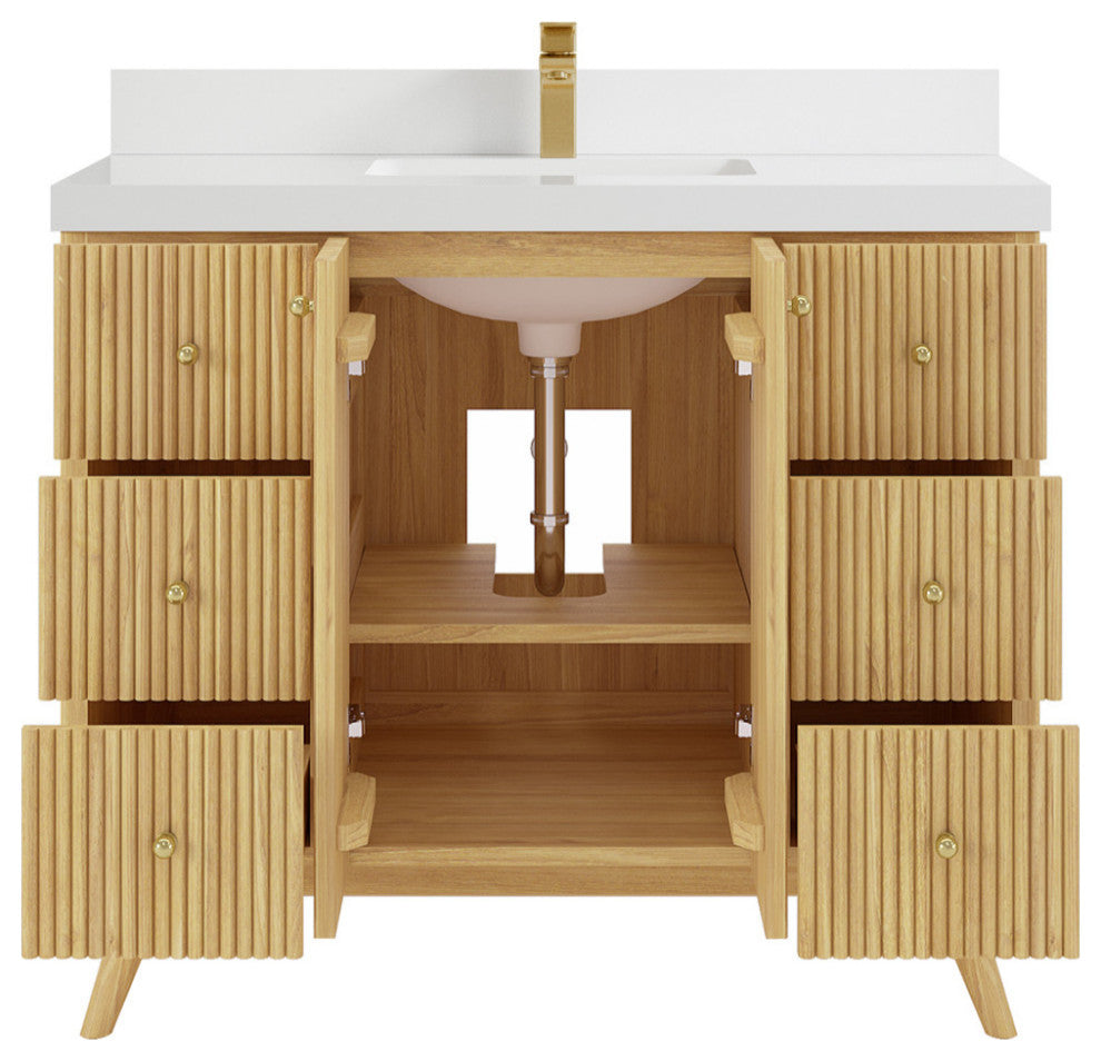 Pasadena 42 Single Sink Bath Vanity in Light Natural Teak 2" White Quartz