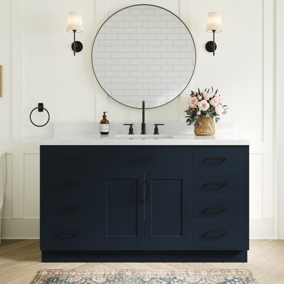 Ariel Hepburn 60" Single Rectangle Sink Vanity, Carrara Quartz, Midnight Blue